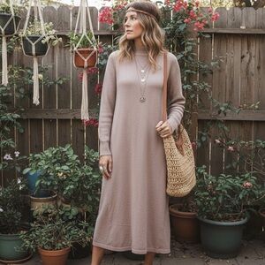 Minibee   XL Mauve Taupe Knit Midi Sweater Dress Minimalist Boho Chic Oversized